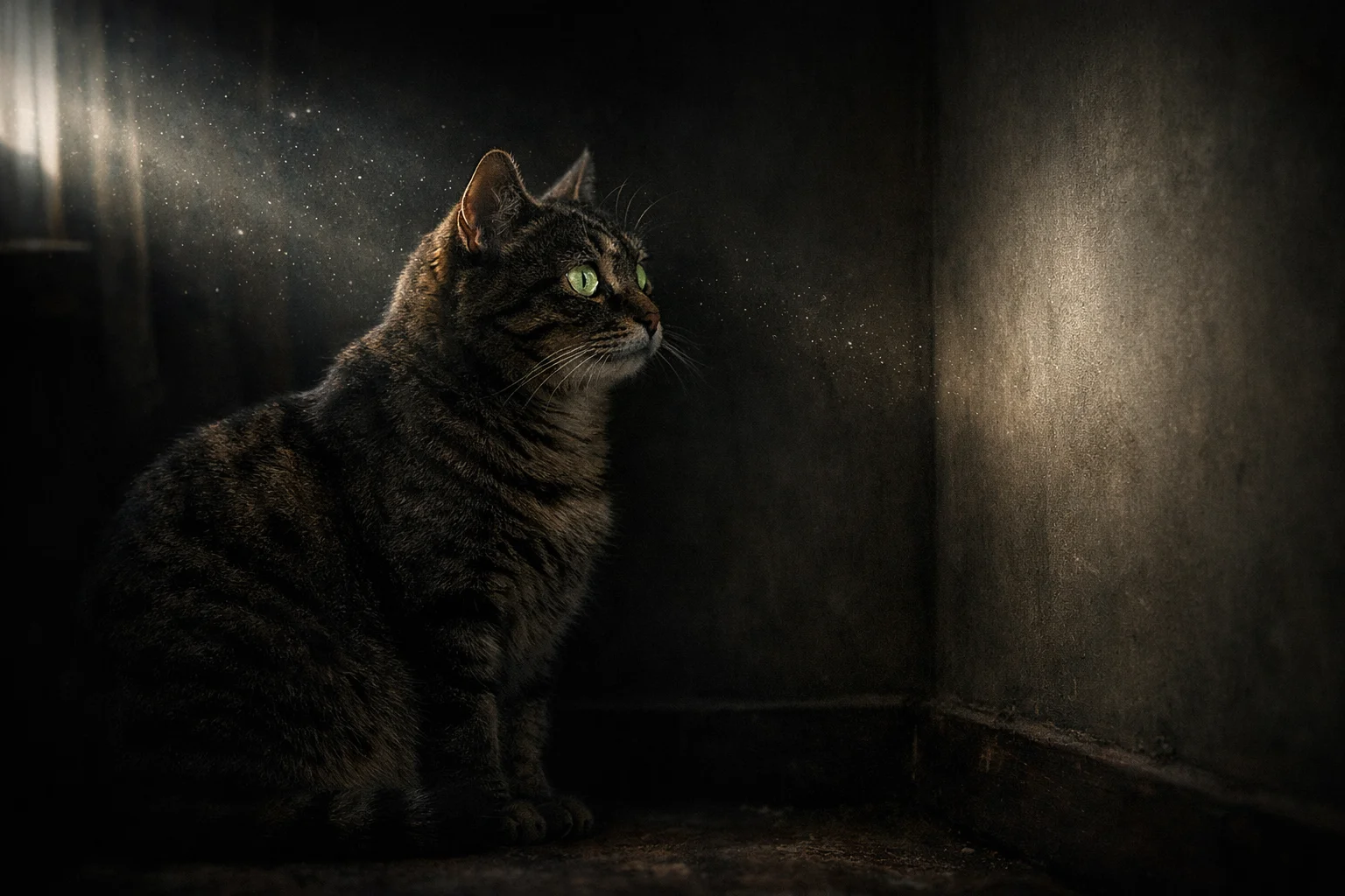 A tabby cat sitting in a dimly lit room staring intensely at an empty corner of the wall with mysterious atmosphere and subtle dust particles visible in a beam of light